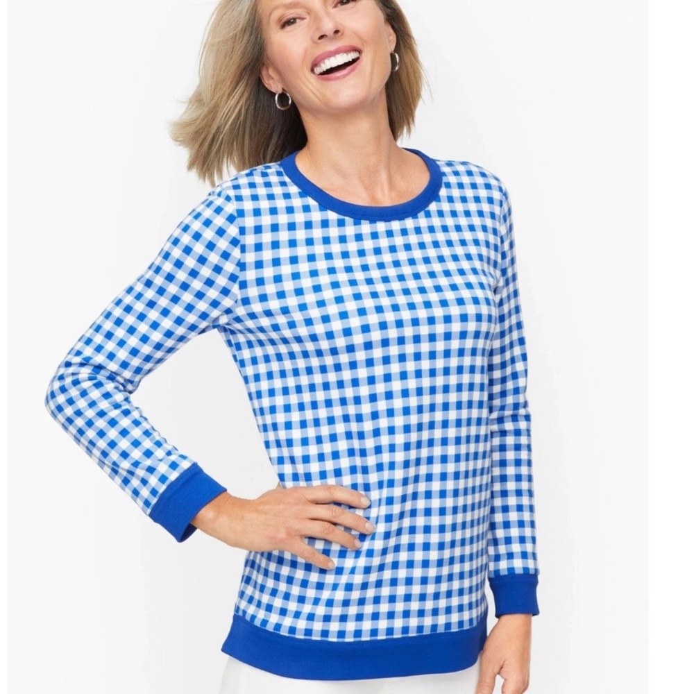Talbots Blue White Gingham Crew Neck Sweatshirt Preppy 2X
